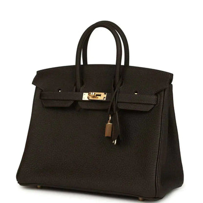 Hermes Birkin 25 dark brown Togo leather handbag front view with gold clasp and lock