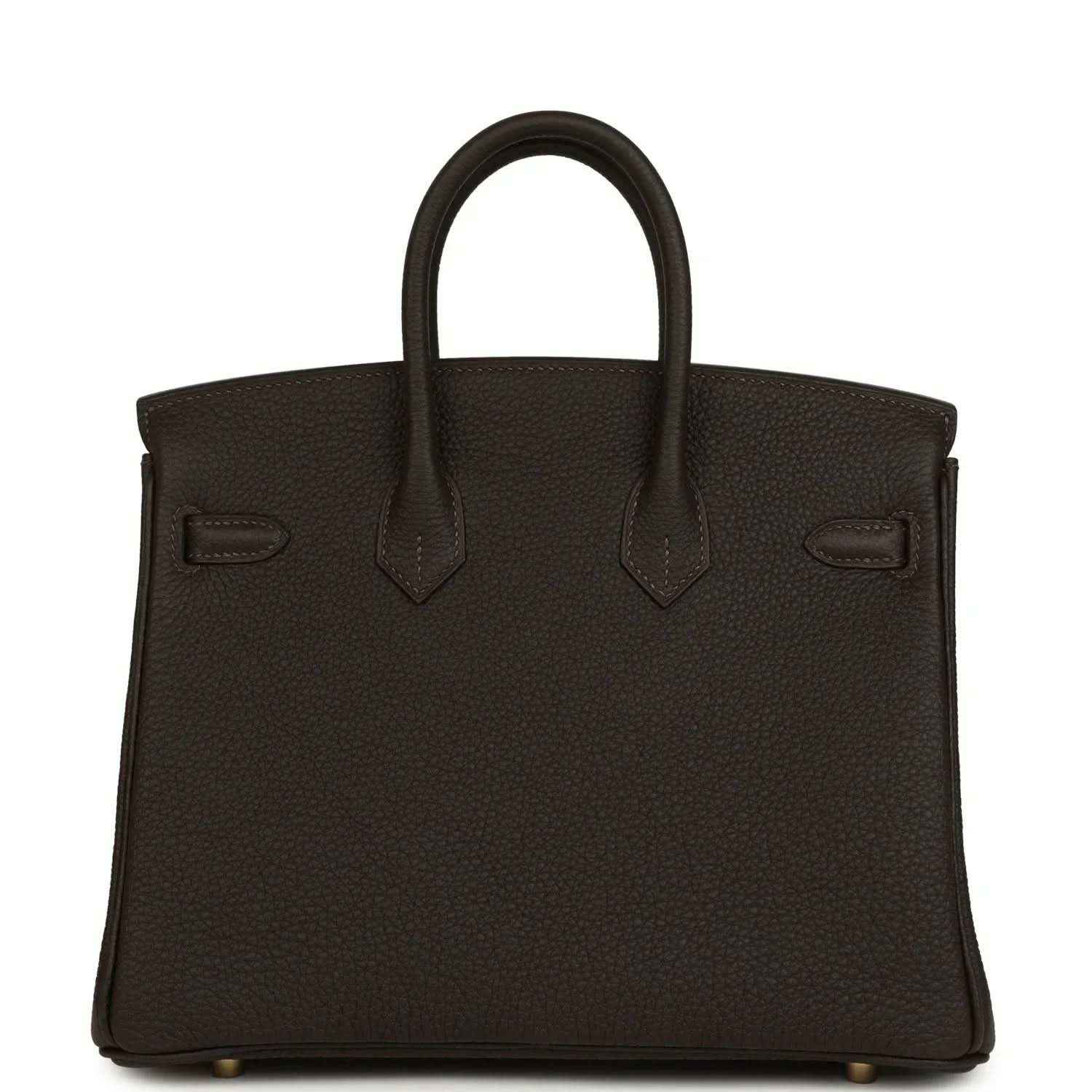 Hermes Birkin 25 dark brown Togo leather handbag back view with straps and feet