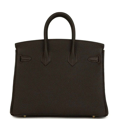 Hermes Birkin 25 dark brown Togo leather handbag back view with straps and feet