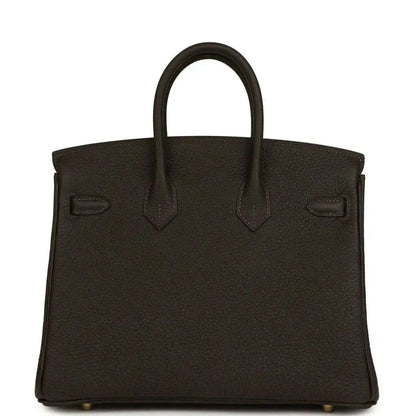Hermes Birkin 25 dark brown Togo leather handbag back view with straps and feet