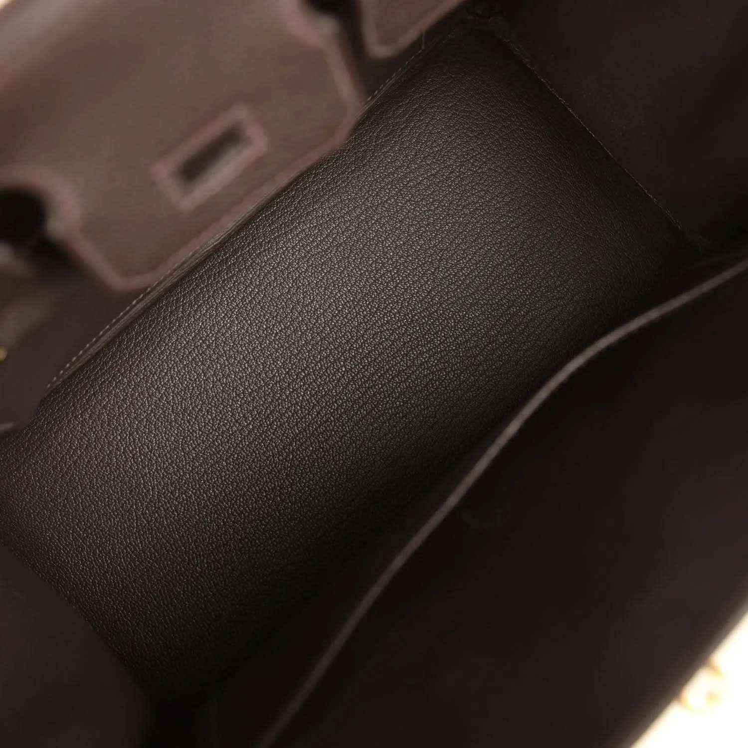 Hermes Birkin 25 dark brown Togo leather interior panel with contrast piping