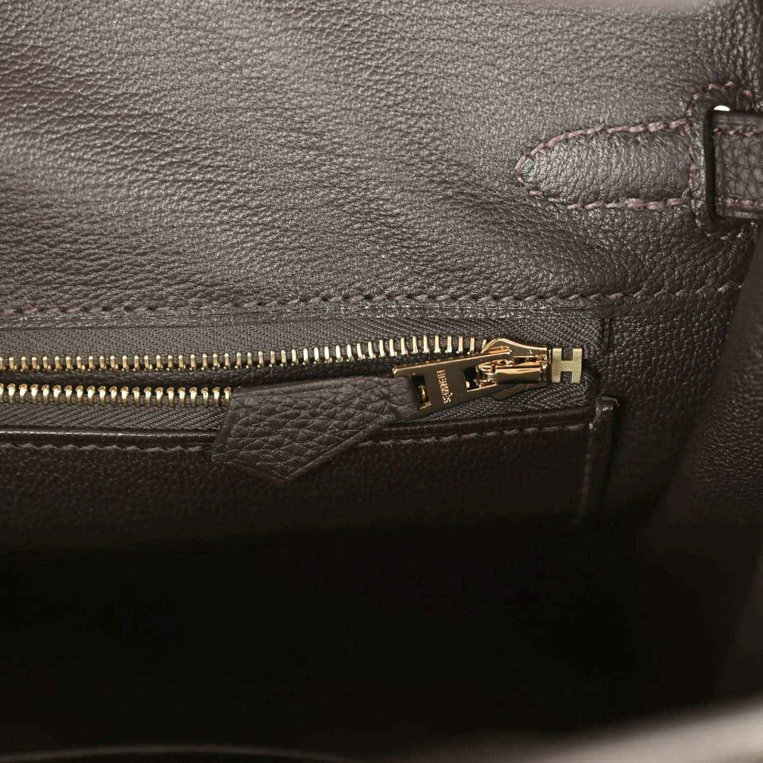 Hermes Birkin 25 Togo leather interior zipper with gold hardware and stitched edge