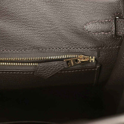 Hermes Birkin 25 Togo leather interior zipper with gold hardware and stitched edge