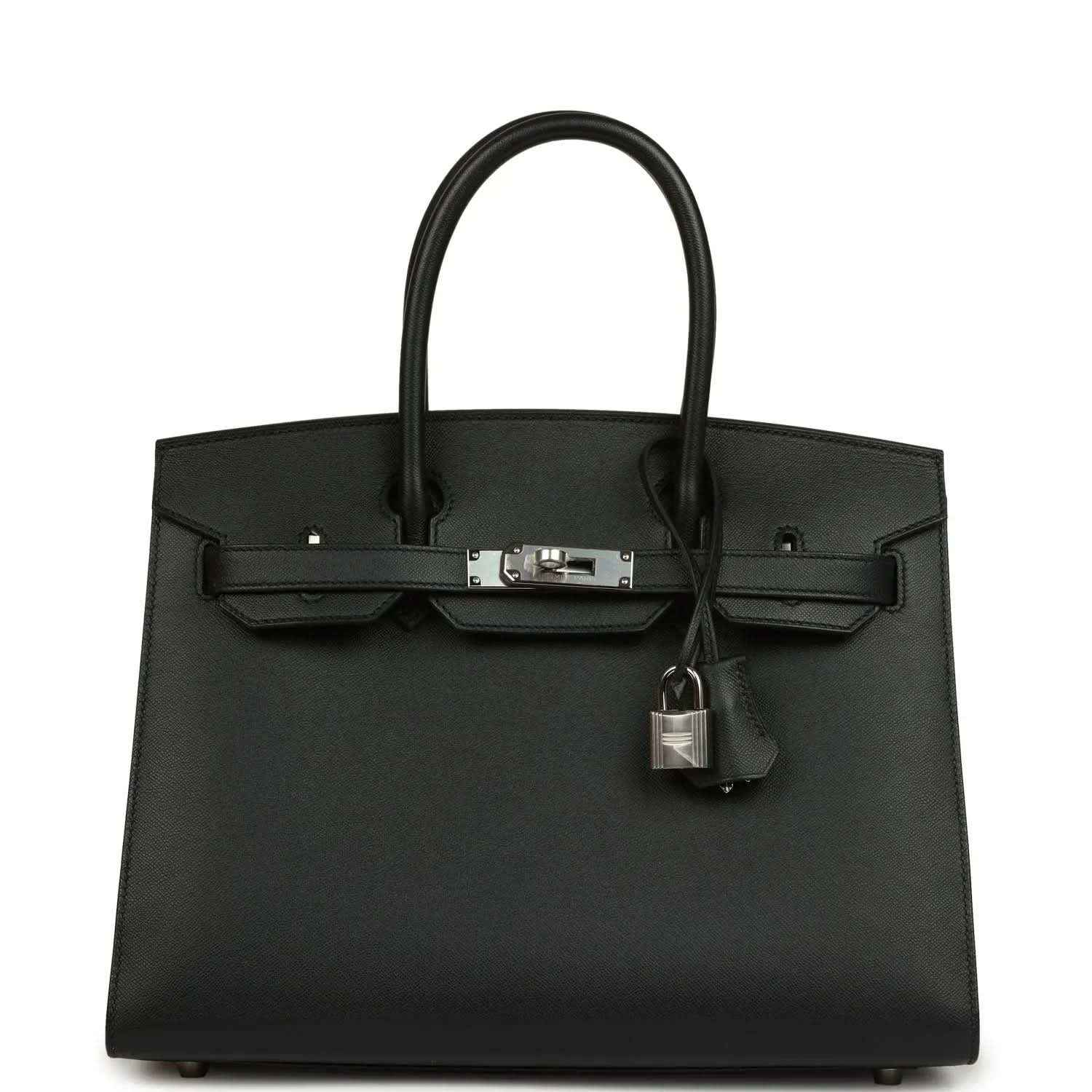 Black leather handbag with top handles, front clasp, and hanging lock charm