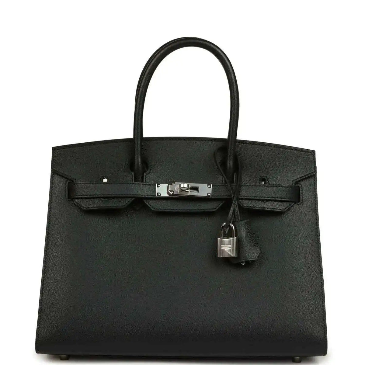 Black leather handbag with top handles, front clasp, and hanging lock charm