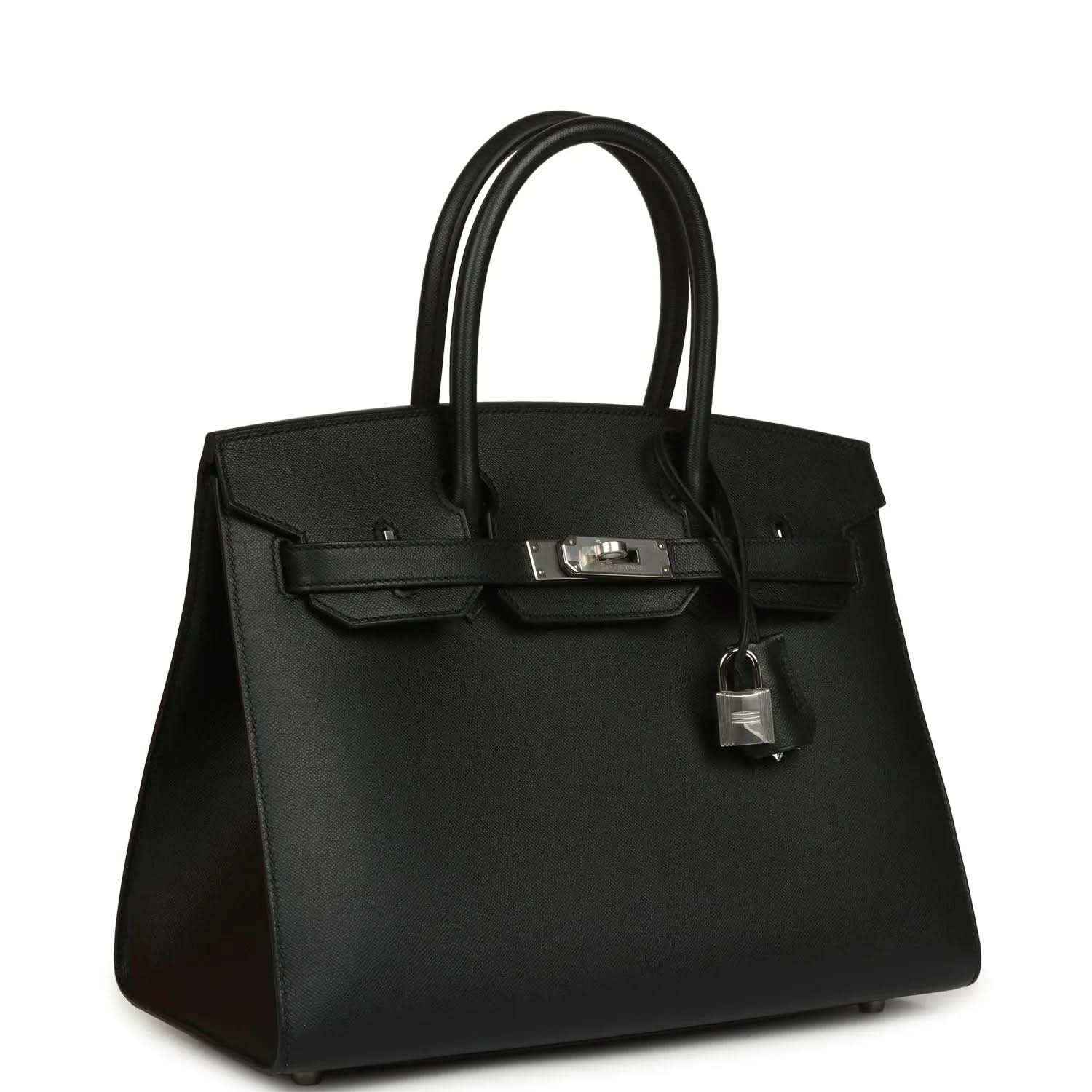 Black leather handbag with structured sides, top handles, front clasp, and hanging lock