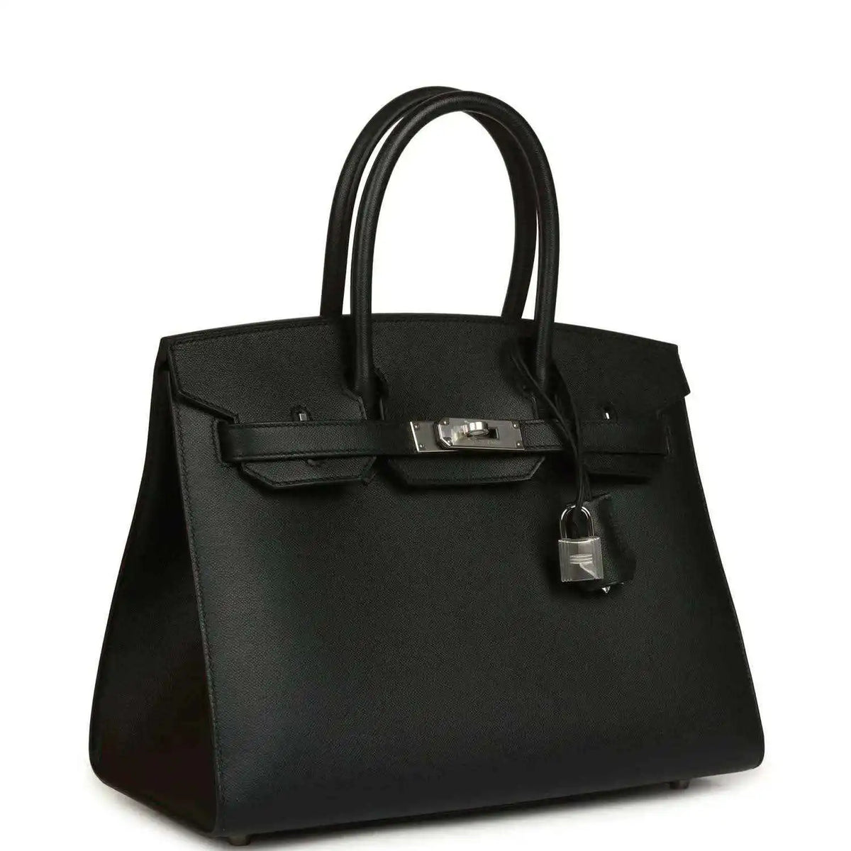 Black leather handbag with structured sides, top handles, front clasp, and hanging lock