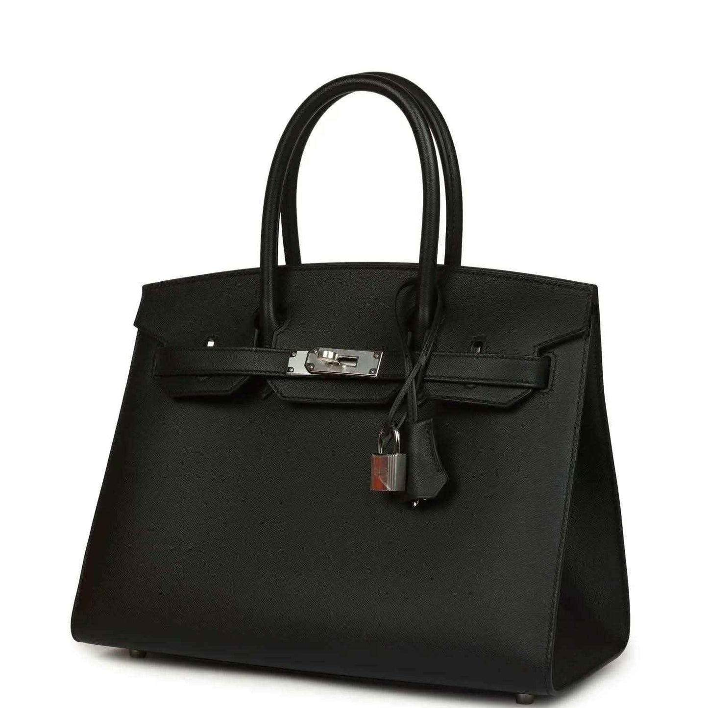 Black leather handbag with front clasp hardware and hanging lock charm
