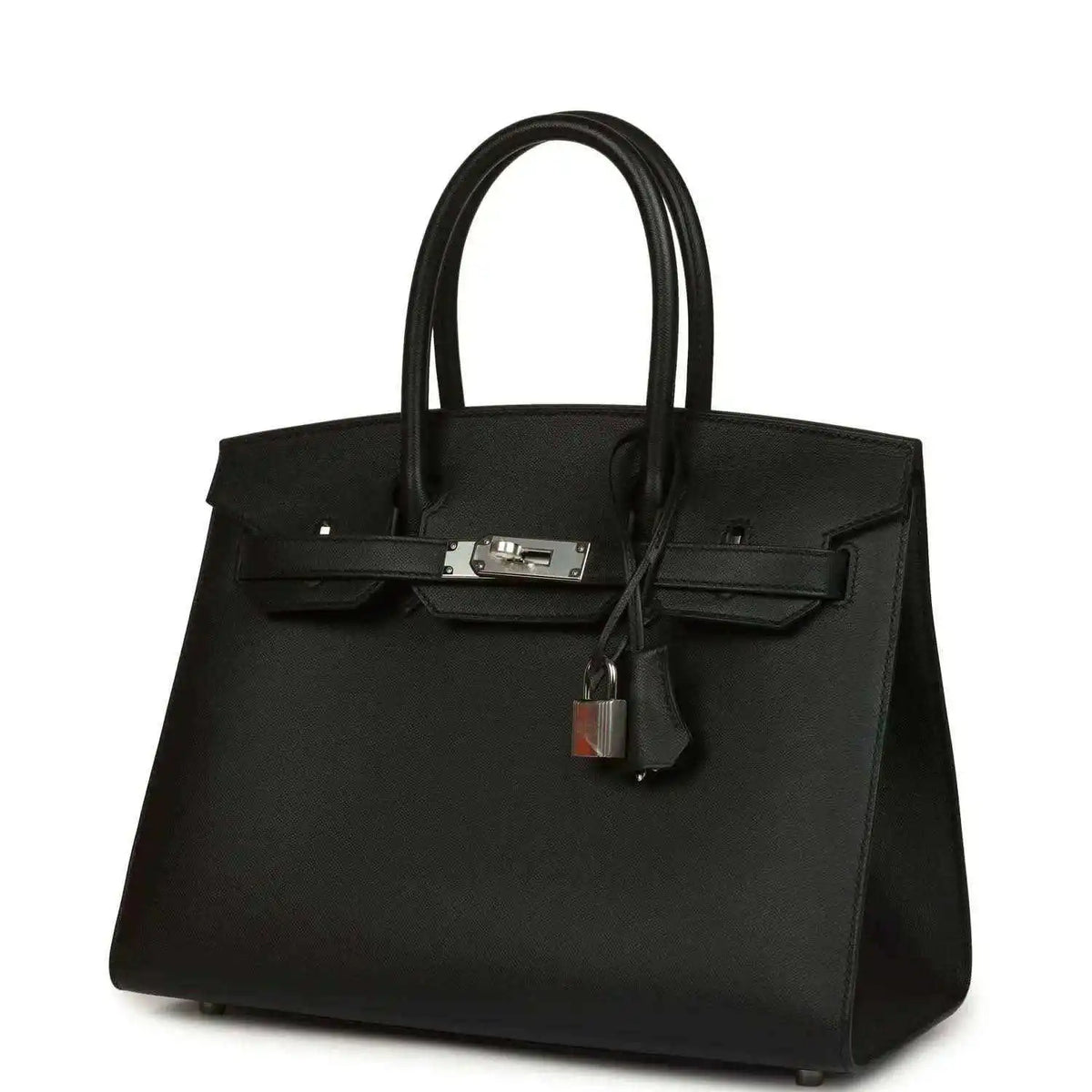 Black leather handbag with front clasp hardware and hanging lock charm