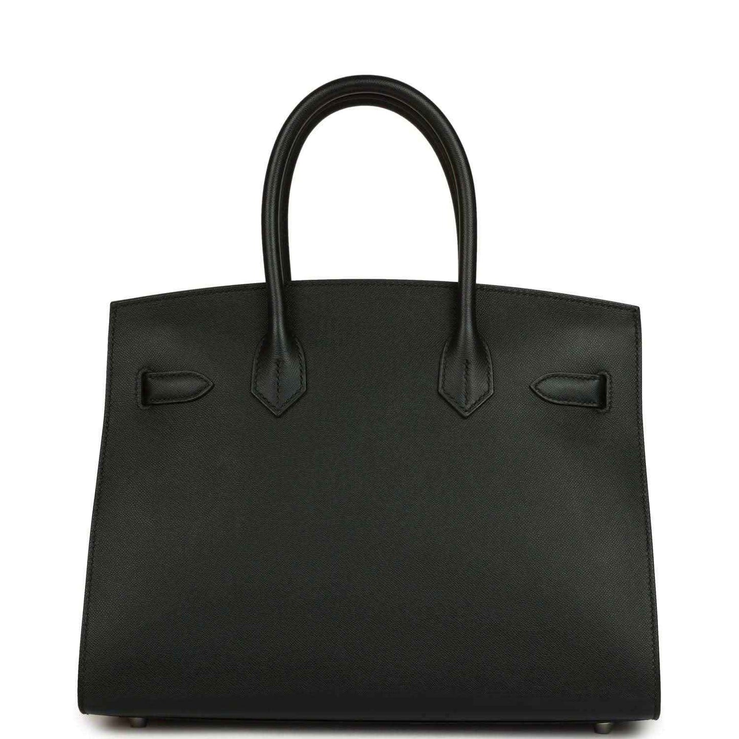 Black leather handbag with top handles and front decorative pocket details
