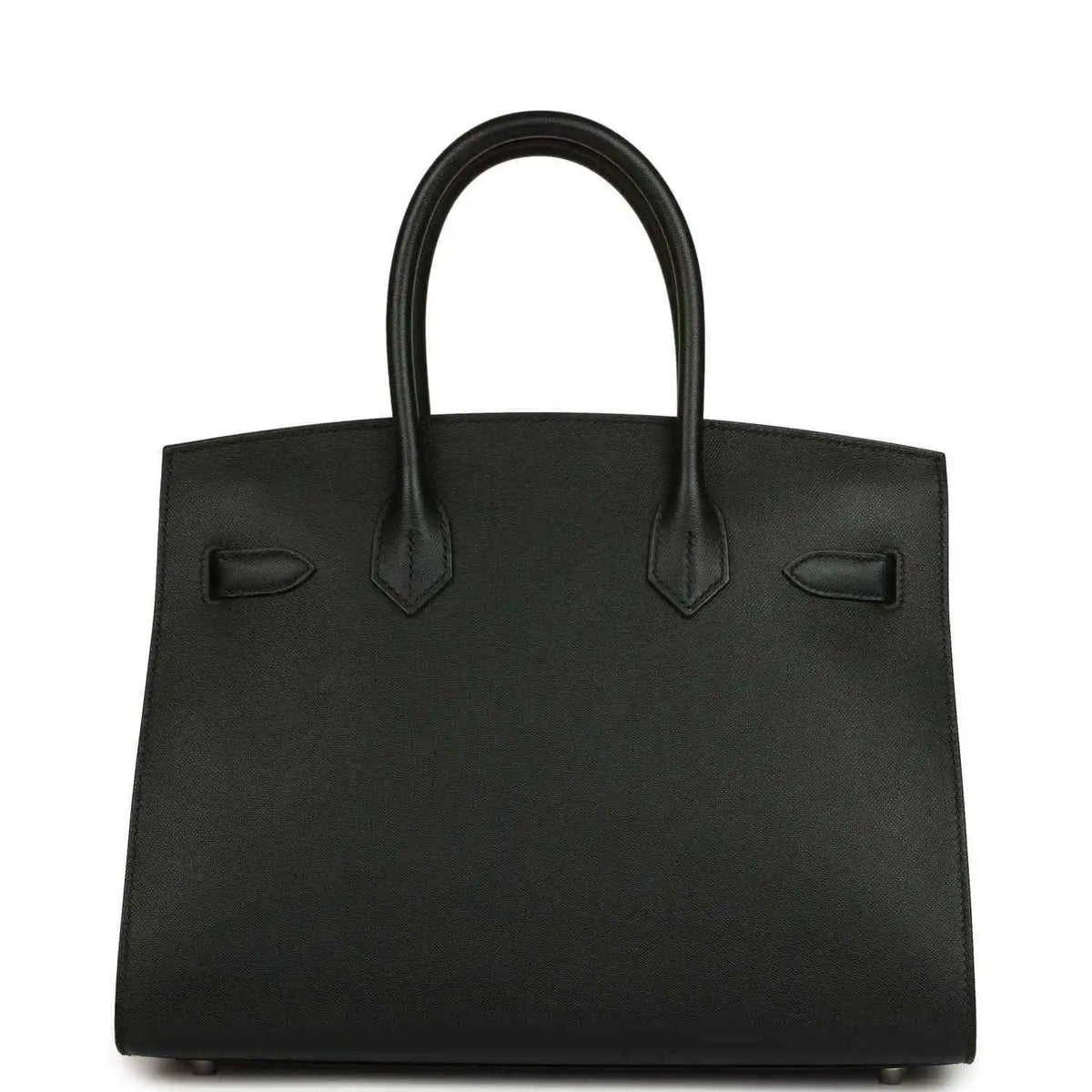 Black leather handbag with top handles and front decorative pocket details