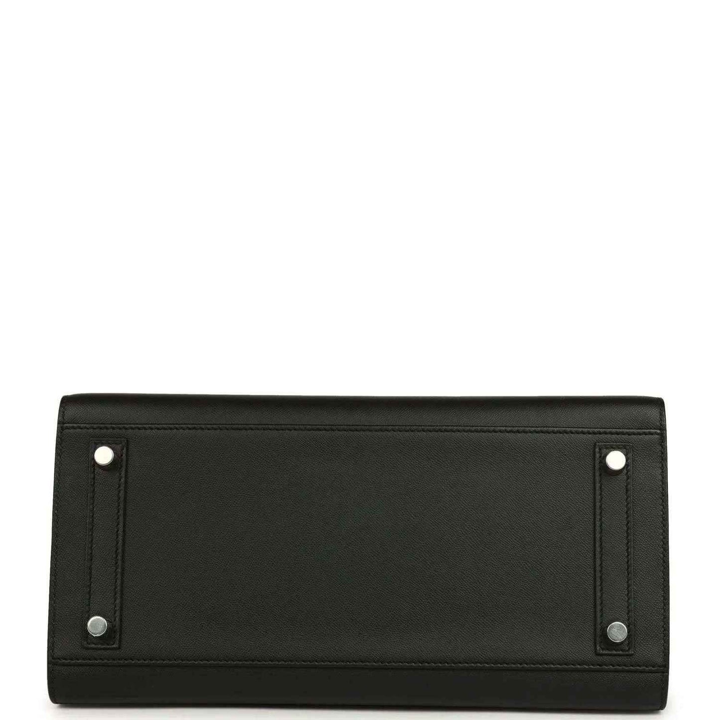 Black leather handbag back panel with two button snaps and stitched border