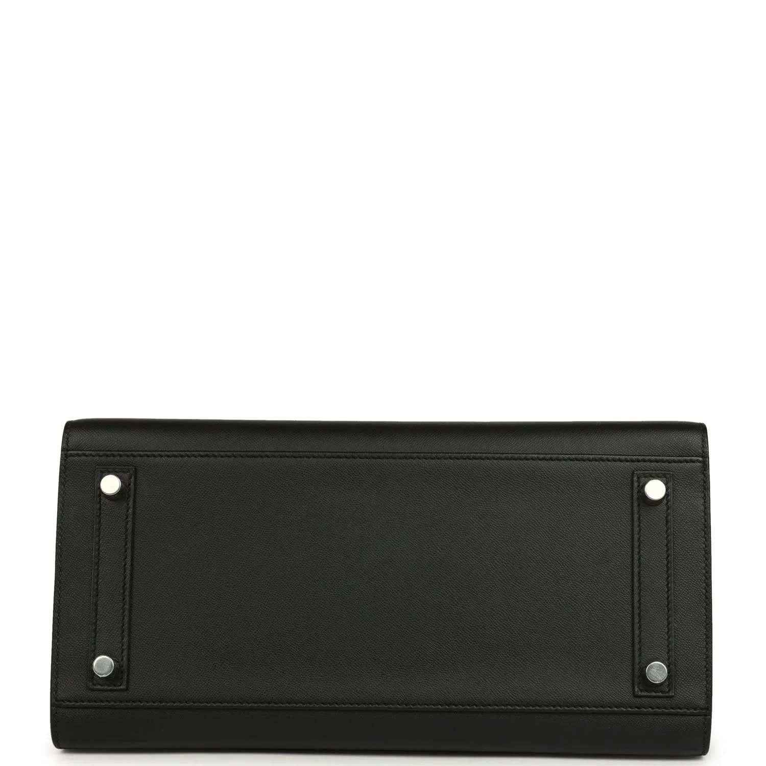 Black leather handbag back panel with two button snaps and stitched border