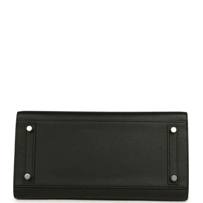Black leather handbag back panel with two button snaps and stitched border