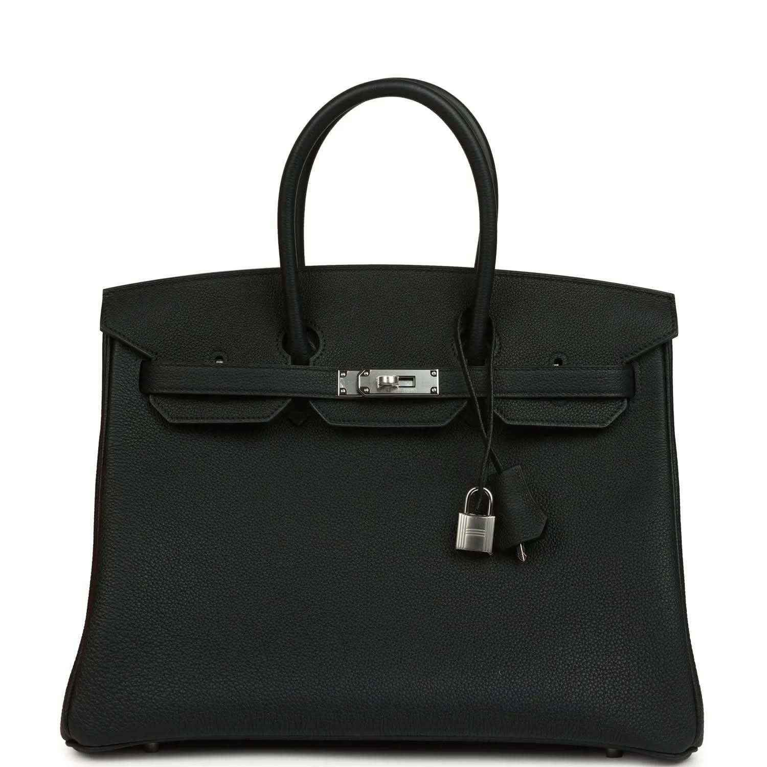 Black Togo leather Birkin 35 bag with front clasp and dangling lock charm
