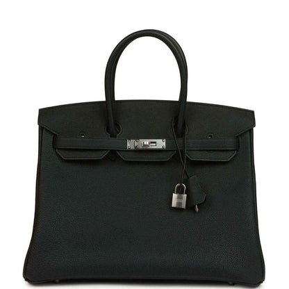 Black Togo leather Birkin 35 bag with front clasp and dangling lock charm