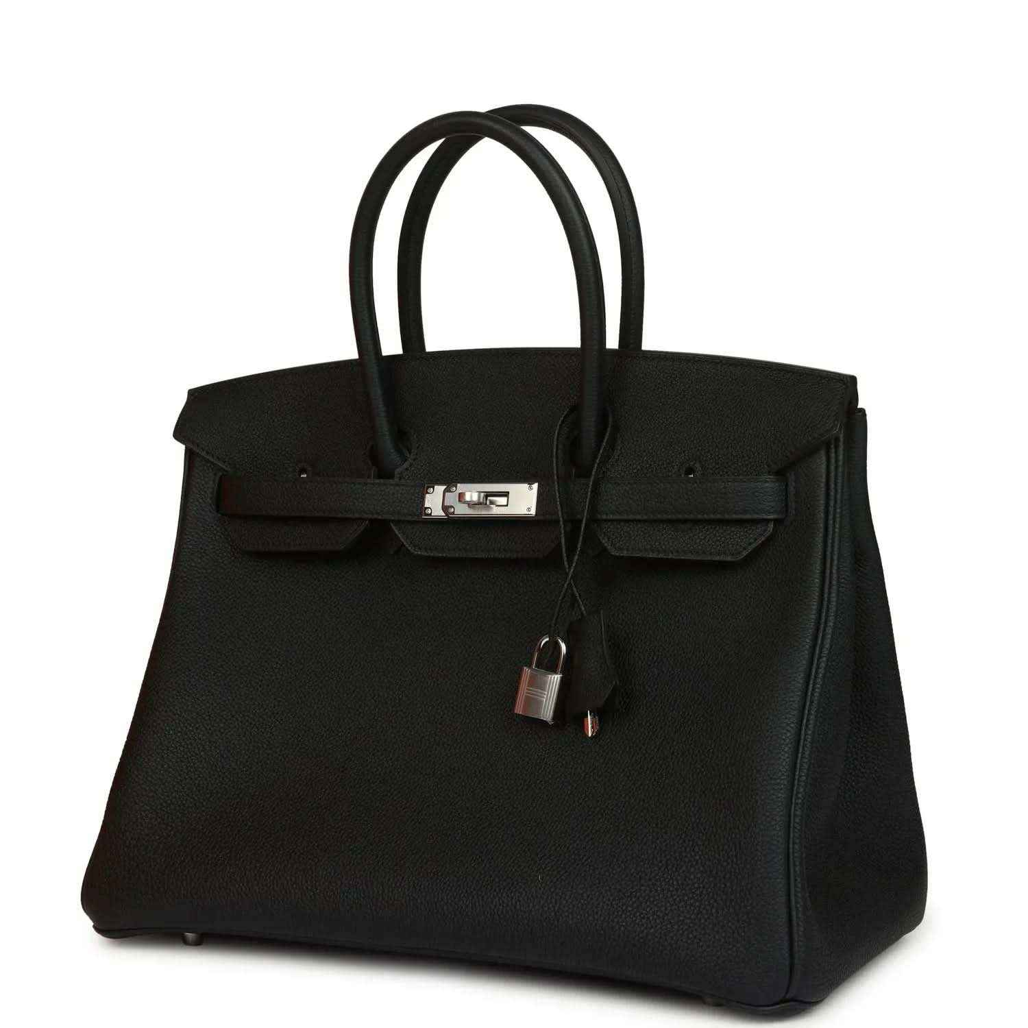 Black Togo leather Birkin 35 bag with front flap clasp and hanging lock charm