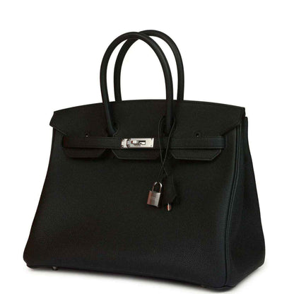 Black Togo leather Birkin 35 bag with front flap clasp and hanging lock charm