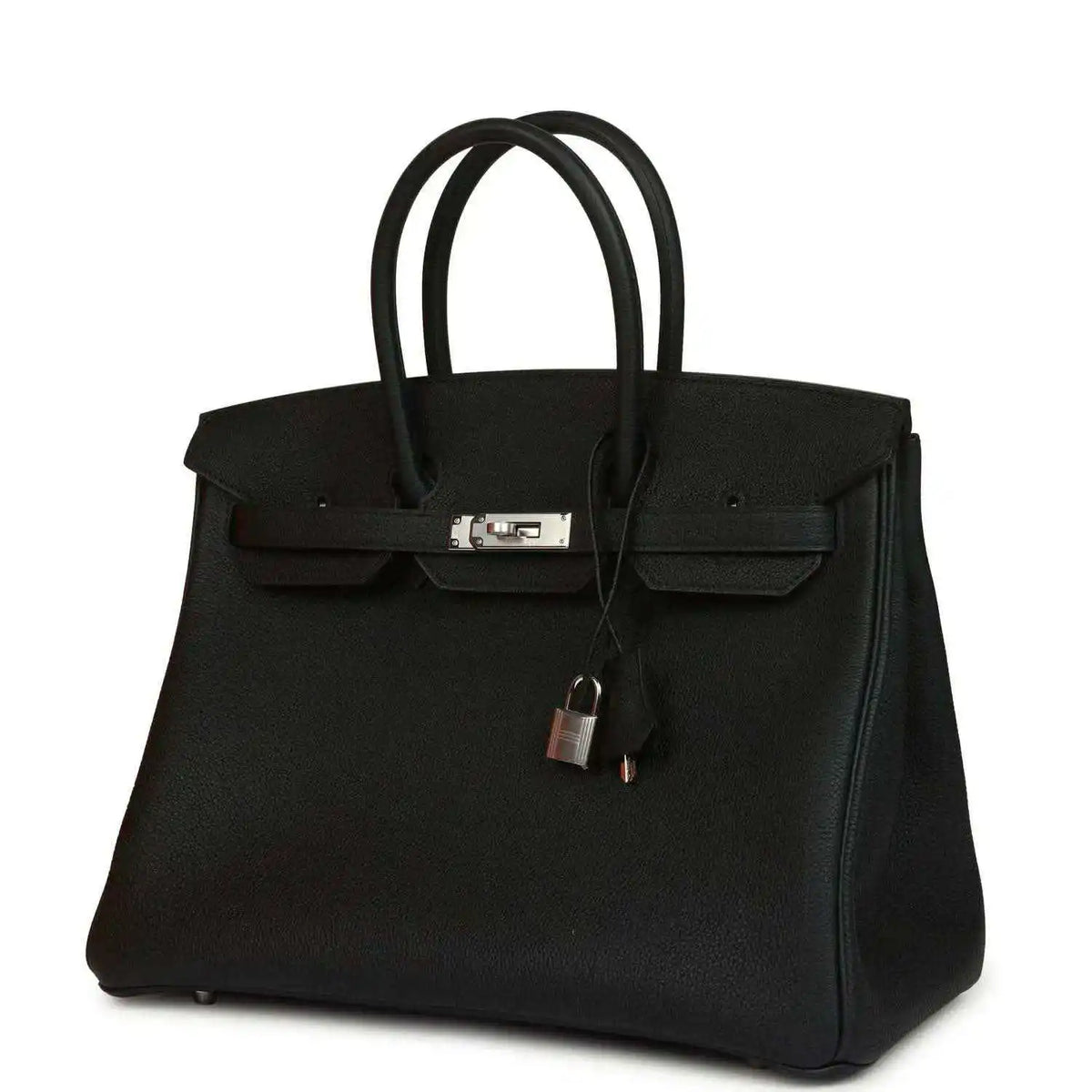 Black Togo leather Birkin 35 bag with front flap clasp and hanging lock charm