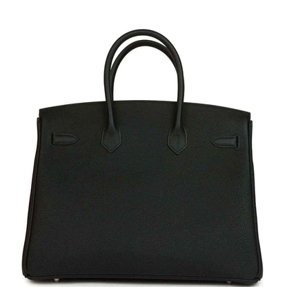 Black Togo leather Birkin 35 bag front view with handle straps and clasps