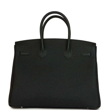 Black Togo leather Birkin 35 bag front view with handle straps and clasps