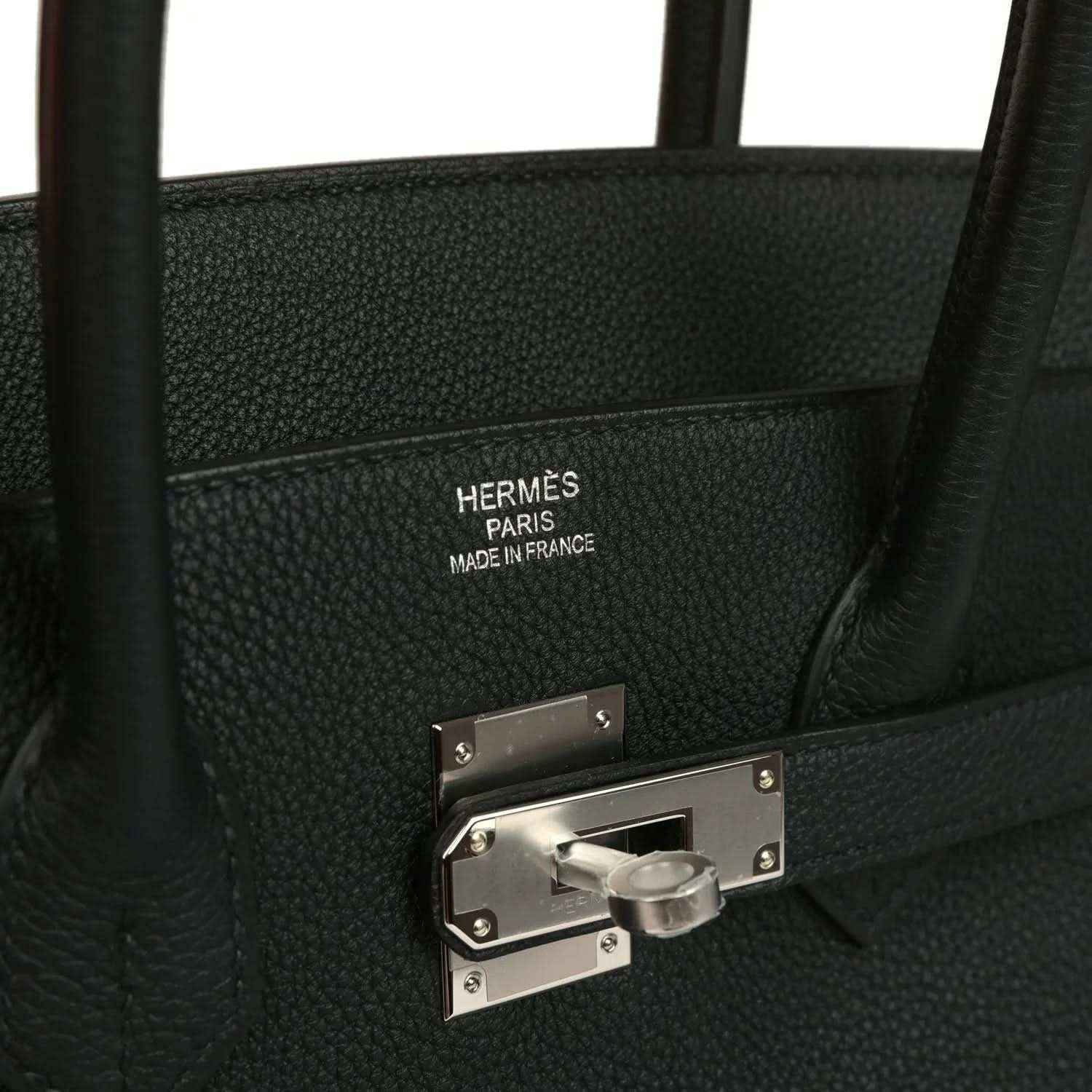 Hermes Birkin 35 bag interior lining with engraved stamp and latch hardware