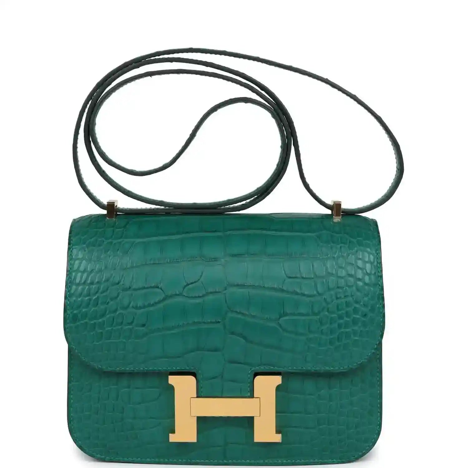 Green alligator-texture handbag with gold H front clasp and top handle strap
