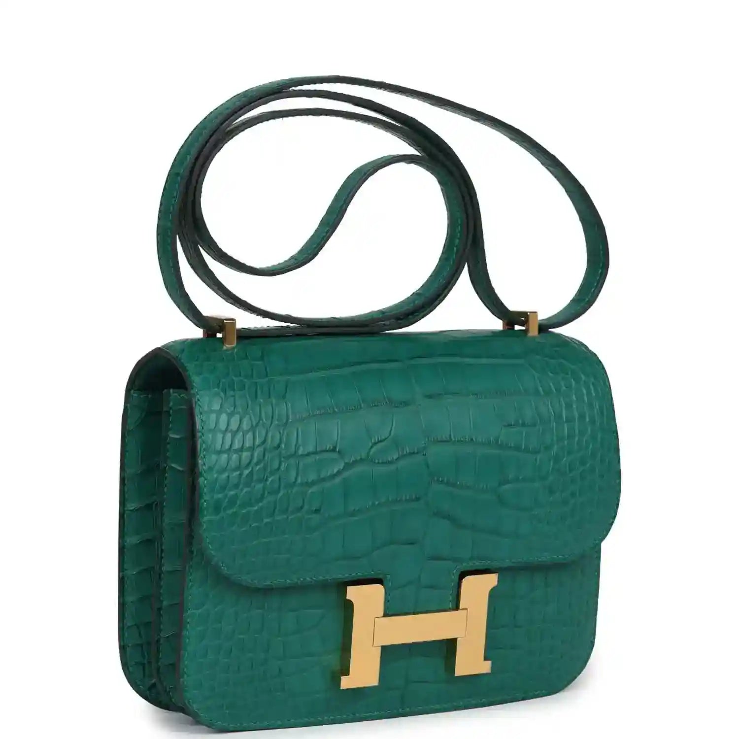 Green alligator-texture handbag with gold H clasp and long shoulder strap, side view