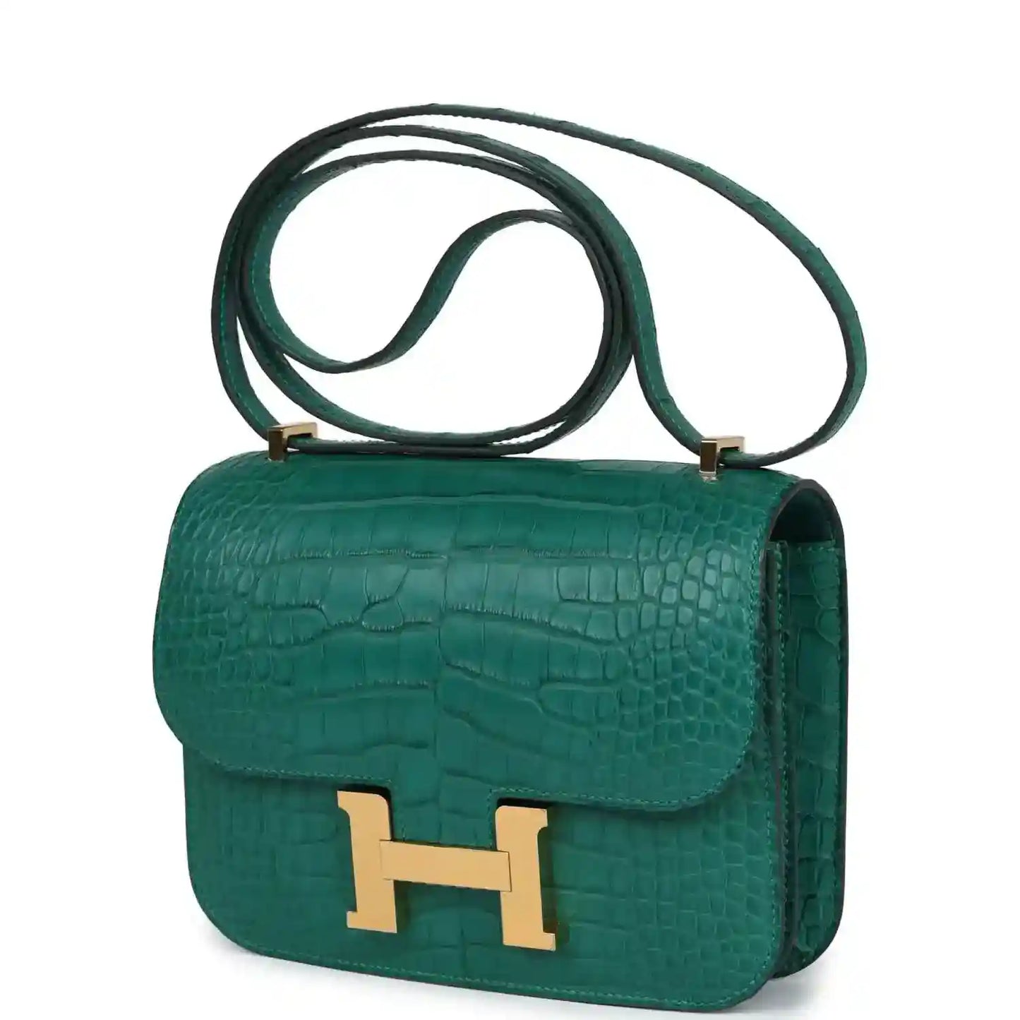 Green alligator-texture handbag front with gold H clasp and shoulder strap