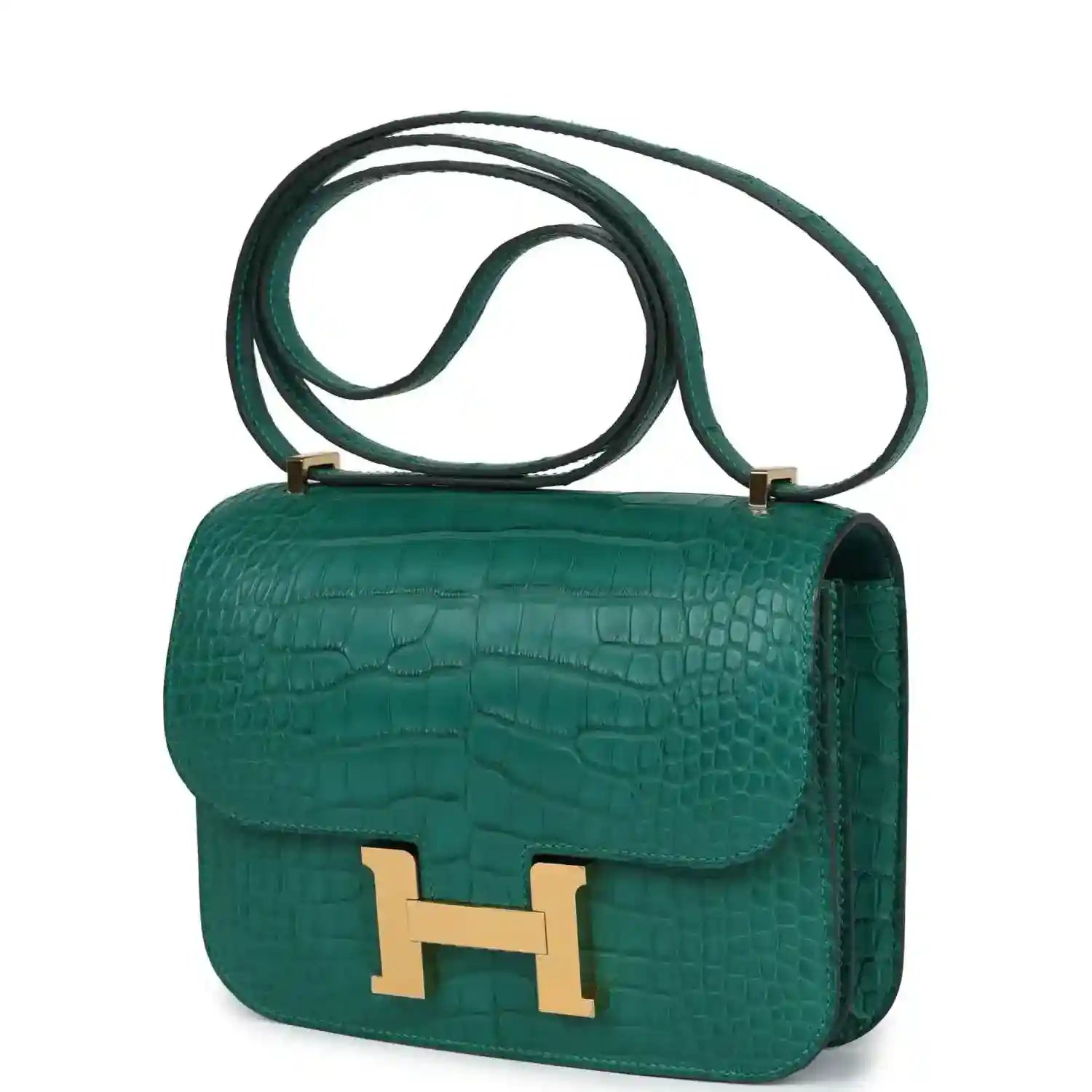 Green alligator-texture handbag front with gold H clasp and shoulder strap