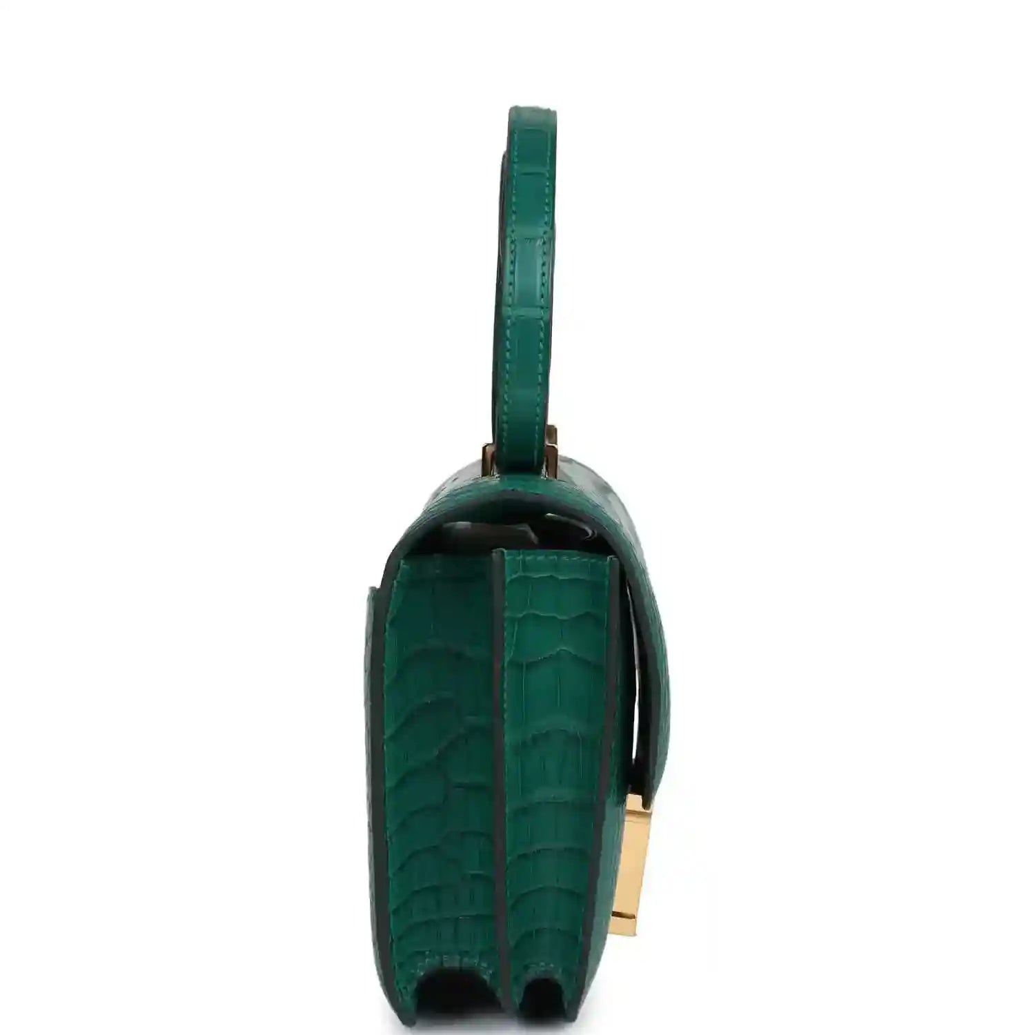 Green alligator-texture handbag side view with leather strap and gold hardware