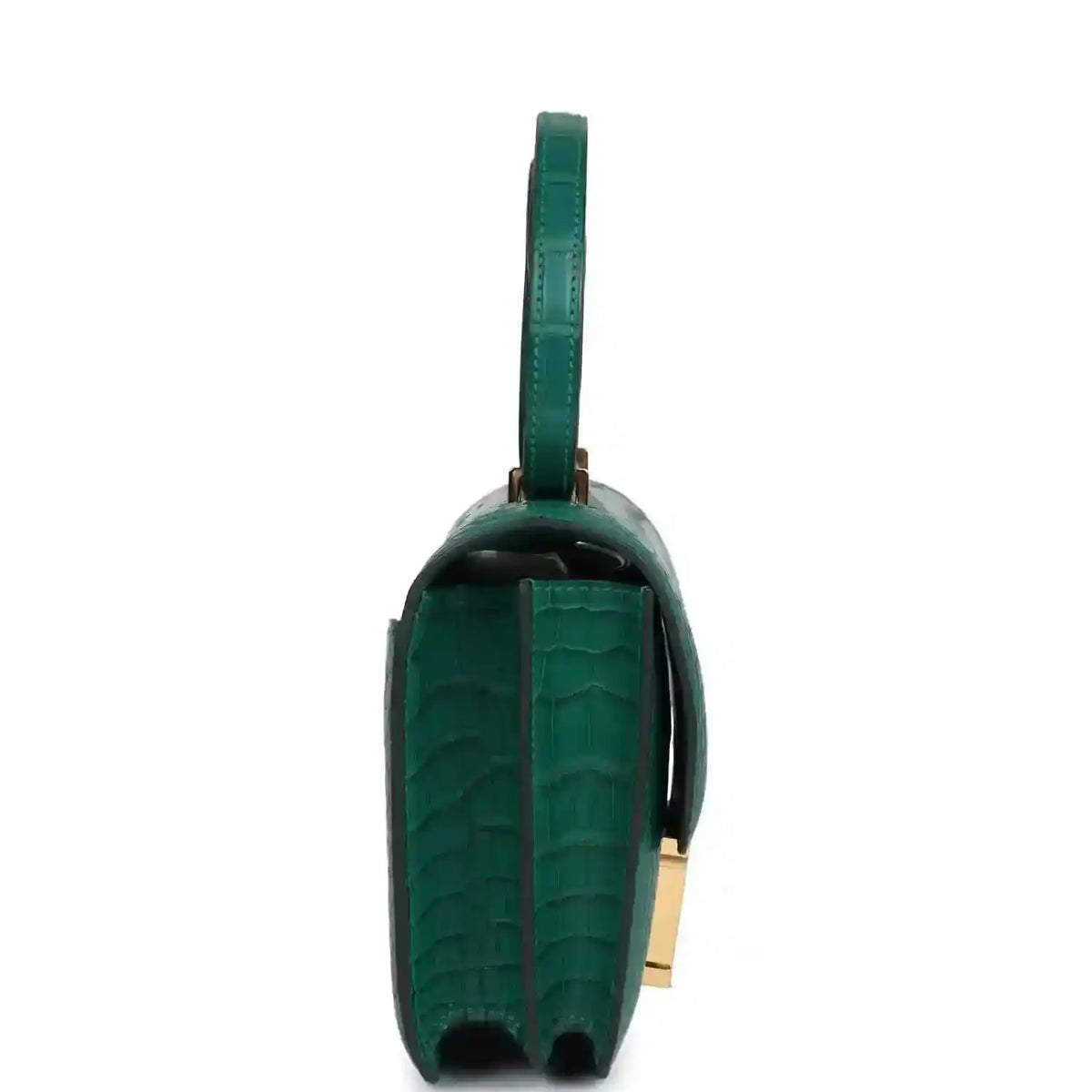 Green alligator-texture handbag side view with leather strap and gold hardware