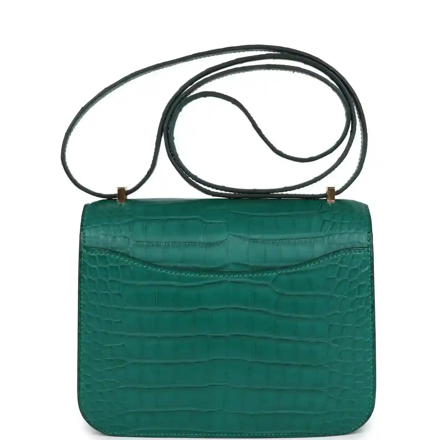Green alligator-texture handbag back with curved flap and shoulder strap