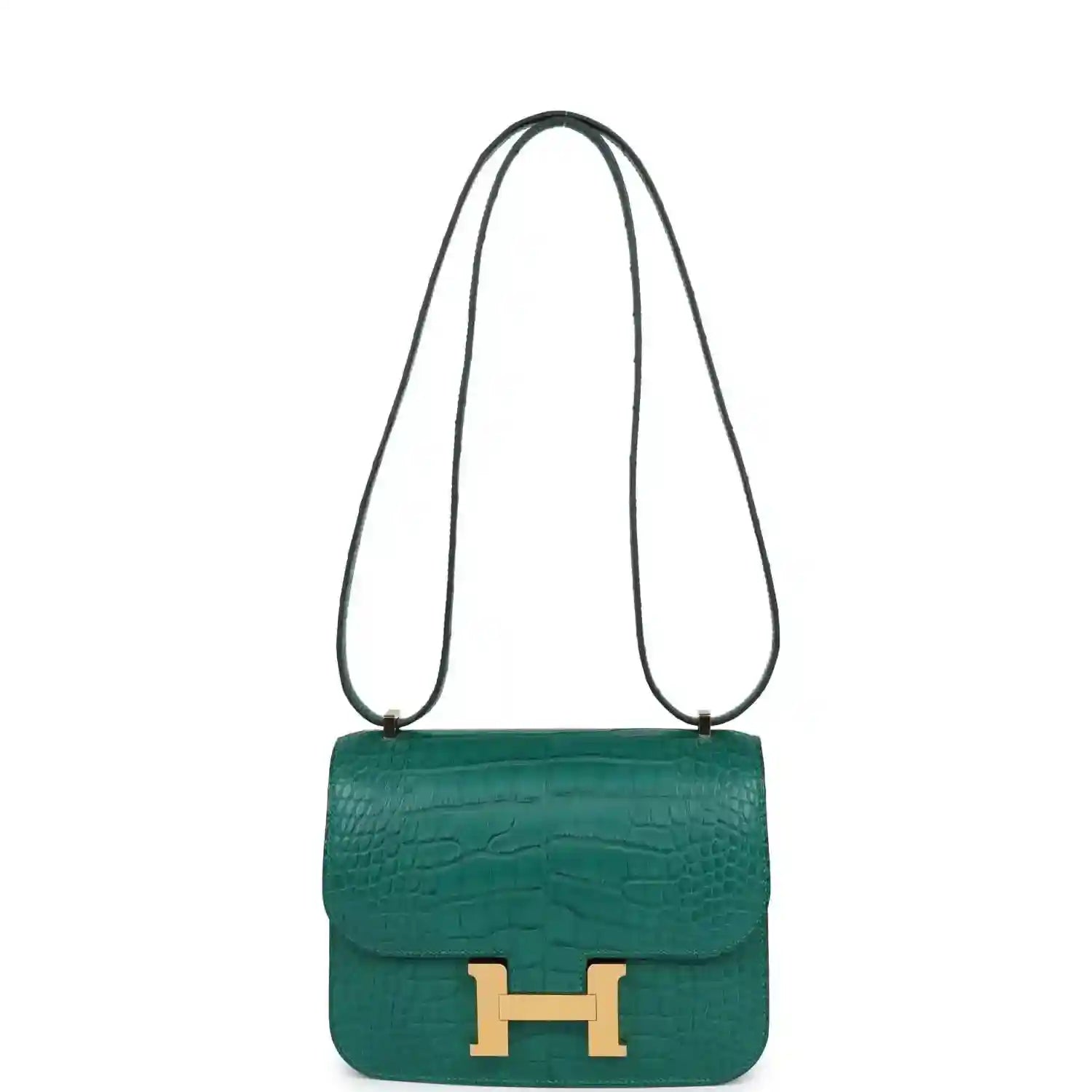 Green alligator-texture shoulder handbag with gold H clasp and long leather strap