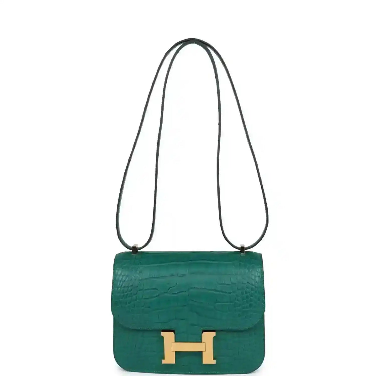 Green alligator-texture shoulder handbag with gold H clasp and long leather strap