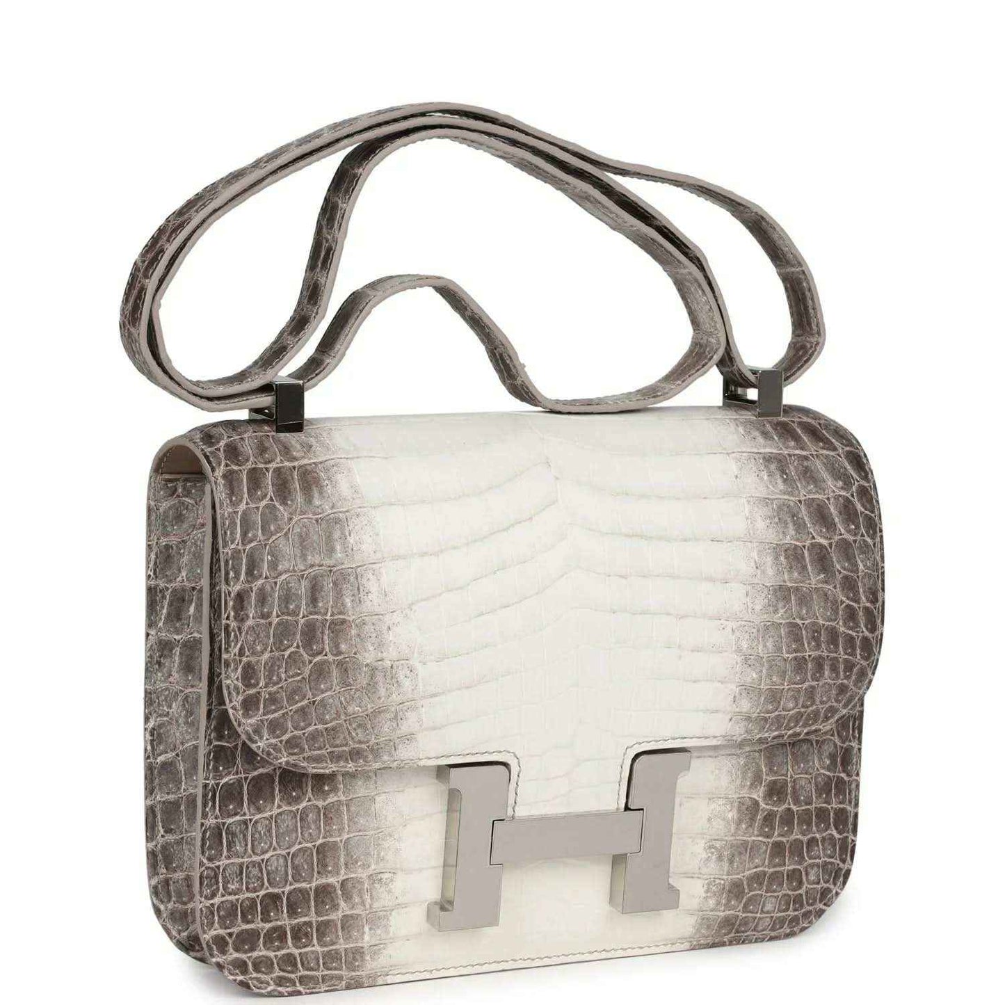 Constance-style handbag with croc texture, top handle, and palladium turn-lock front