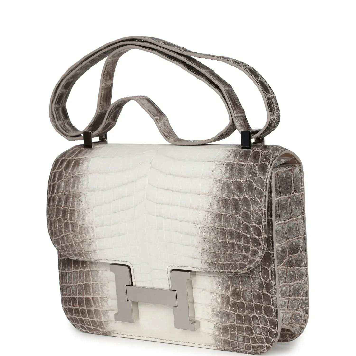Constance-style bag angled view with croc-embossed finish and palladium front turn-lock