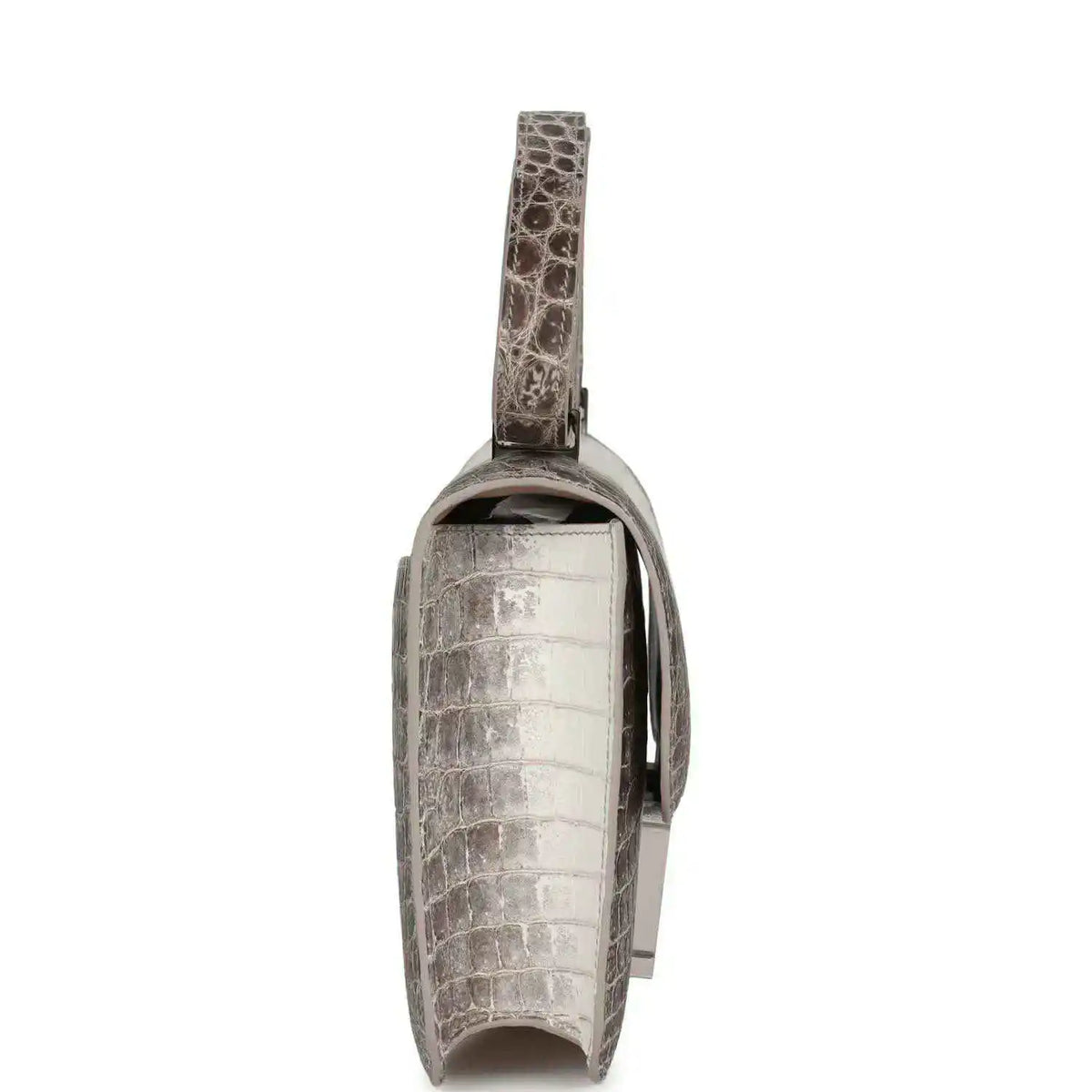 Side view of Constance-style croc-embossed leather bag with flap and turn-lock detail