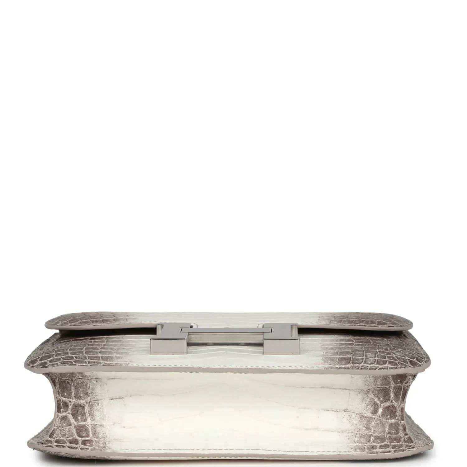 Constance-style handbag underside view with croc-embossed leather and palladium turn-lock plate