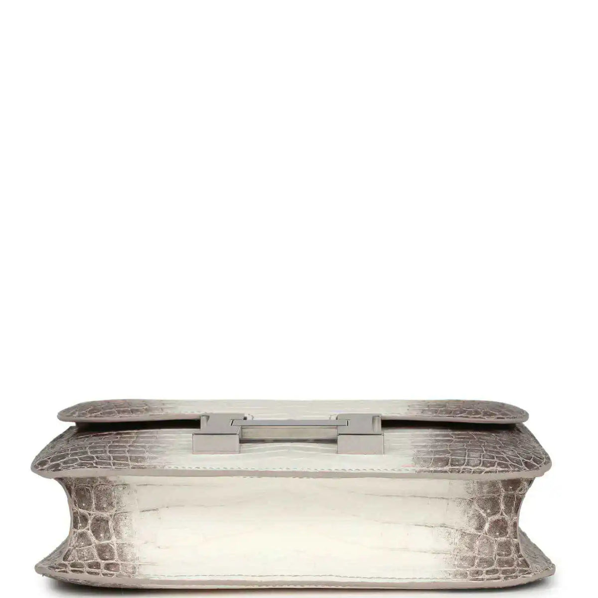 Constance-style handbag underside view with croc-embossed leather and palladium turn-lock plate