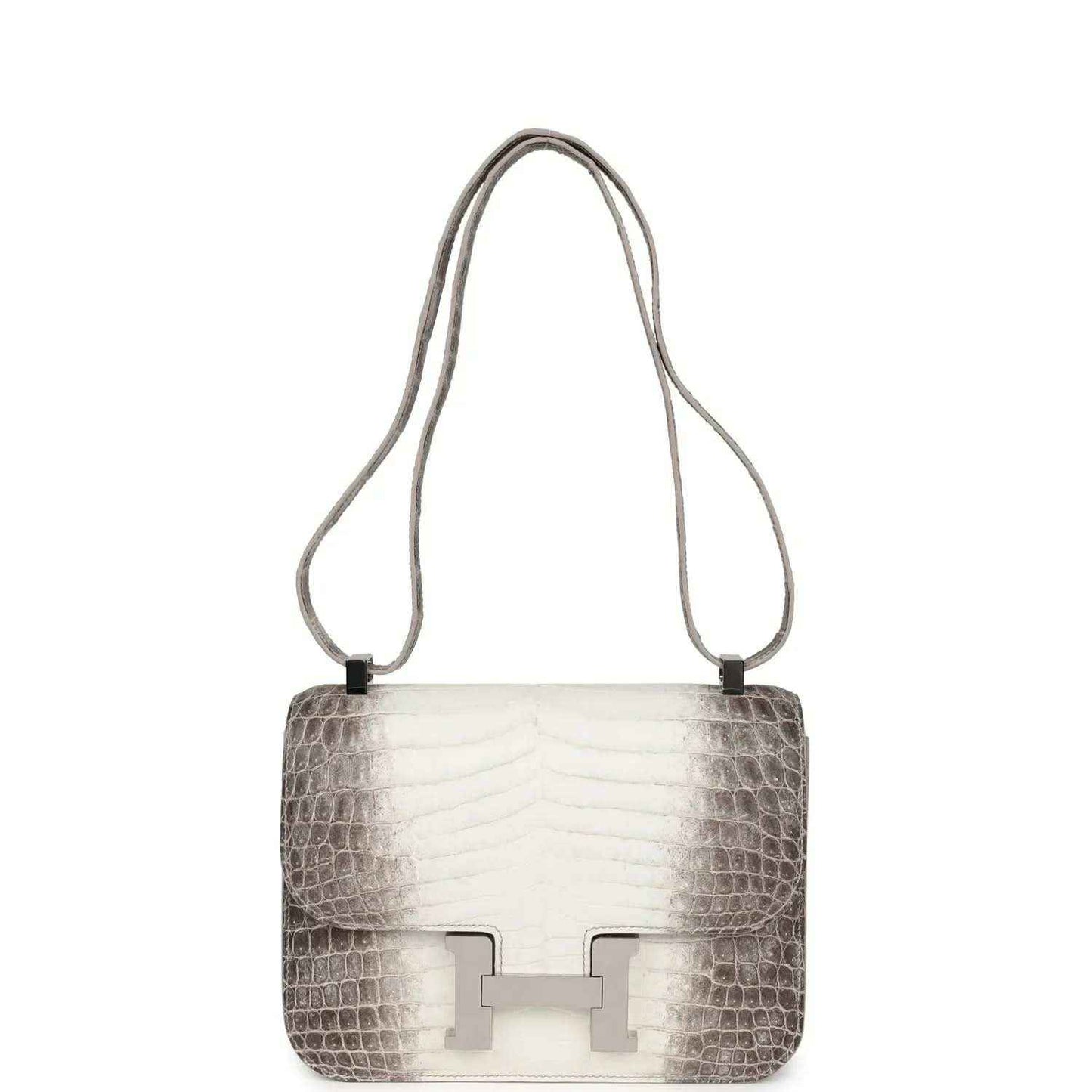 Constance-style mini bag with croc-embossed leather, top handles, and palladium clasp