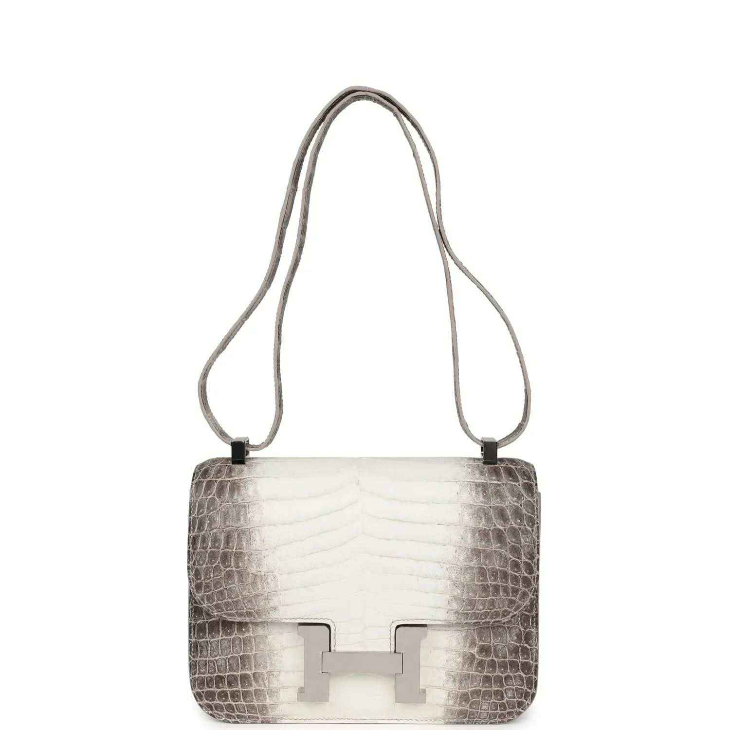 Constance-style mini bag with croc-embossed leather, top handles, and palladium clasp