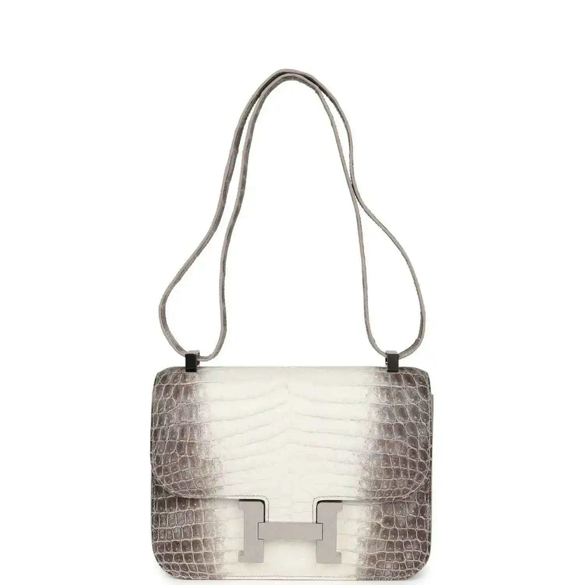 Constance-style mini bag with croc-embossed leather, top handles, and palladium clasp