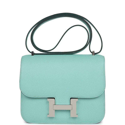 Aqua leather mini handbag with flap, H clasp, and palladium-tone hardware, top handle