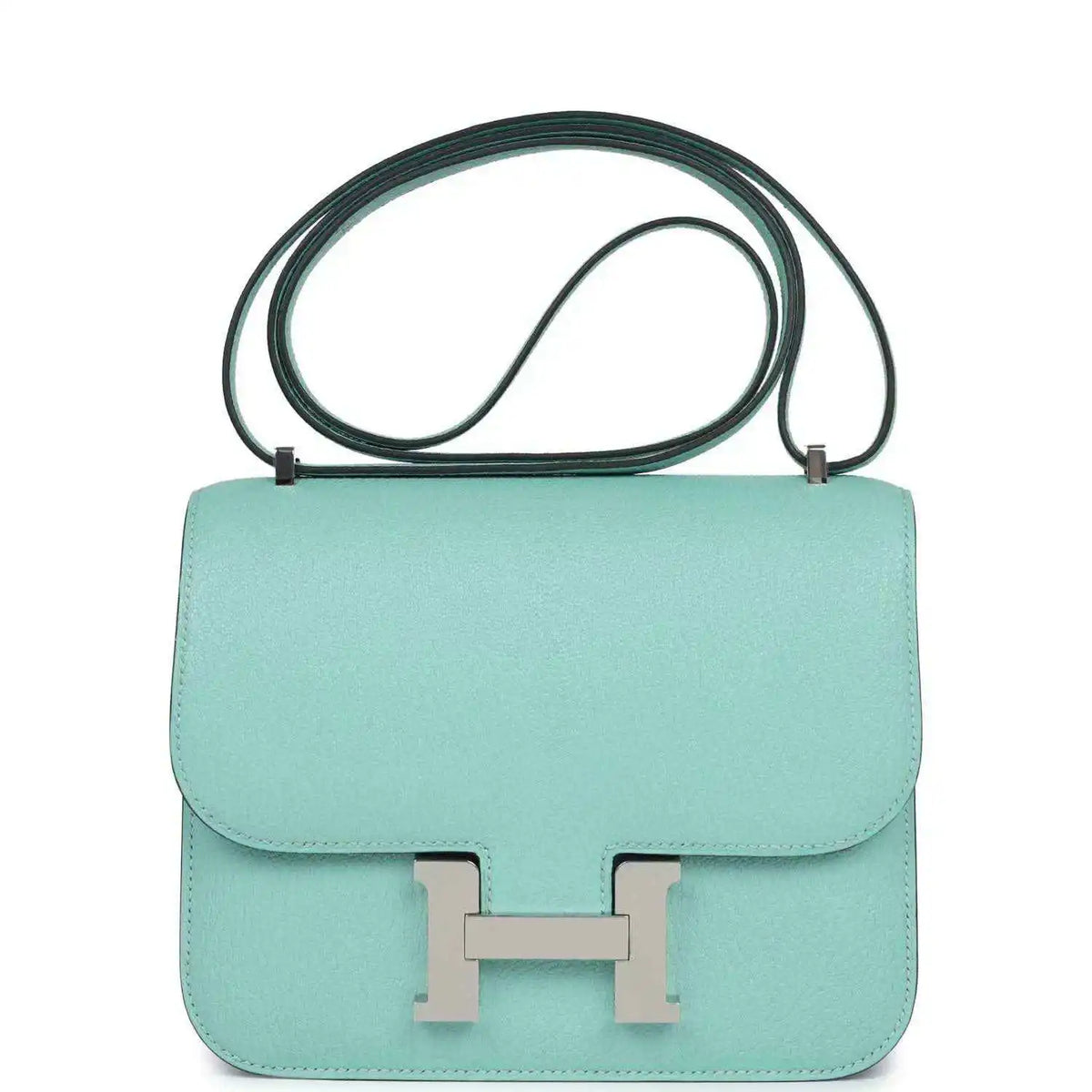 Aqua leather mini handbag with flap, H clasp, and palladium-tone hardware, top handle