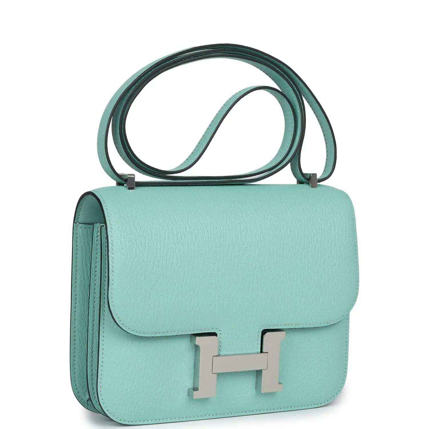 Aqua leather mini bag with front flap and H clasp, palladium-tone hardware, strap