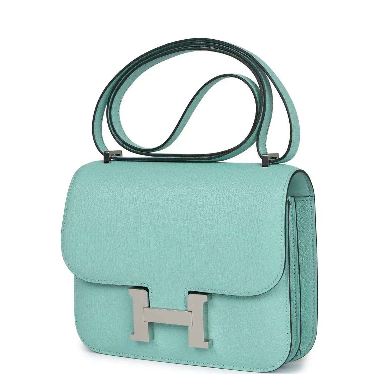 Aqua leather mini handbag with flap and H clasp, side profile, and strap