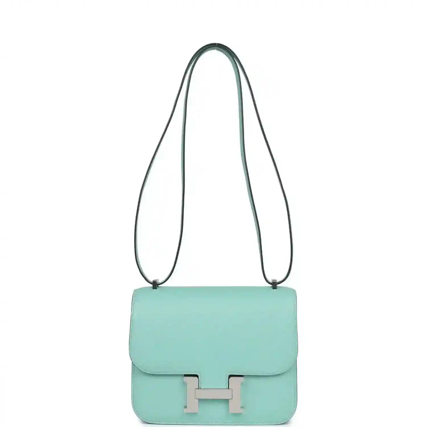 Aqua leather mini handbag with long shoulder strap and front flap