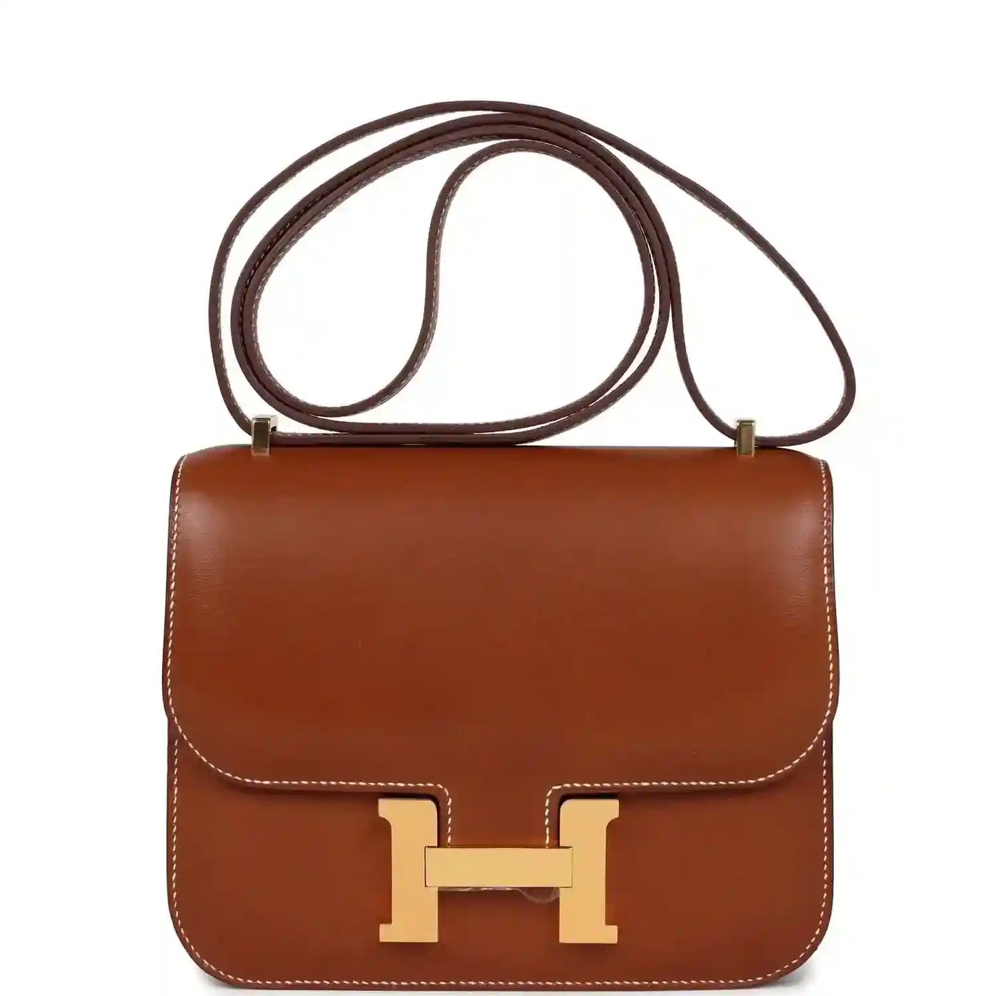 Brown leather Constance-style handbag with gold H clasp and top handle strap