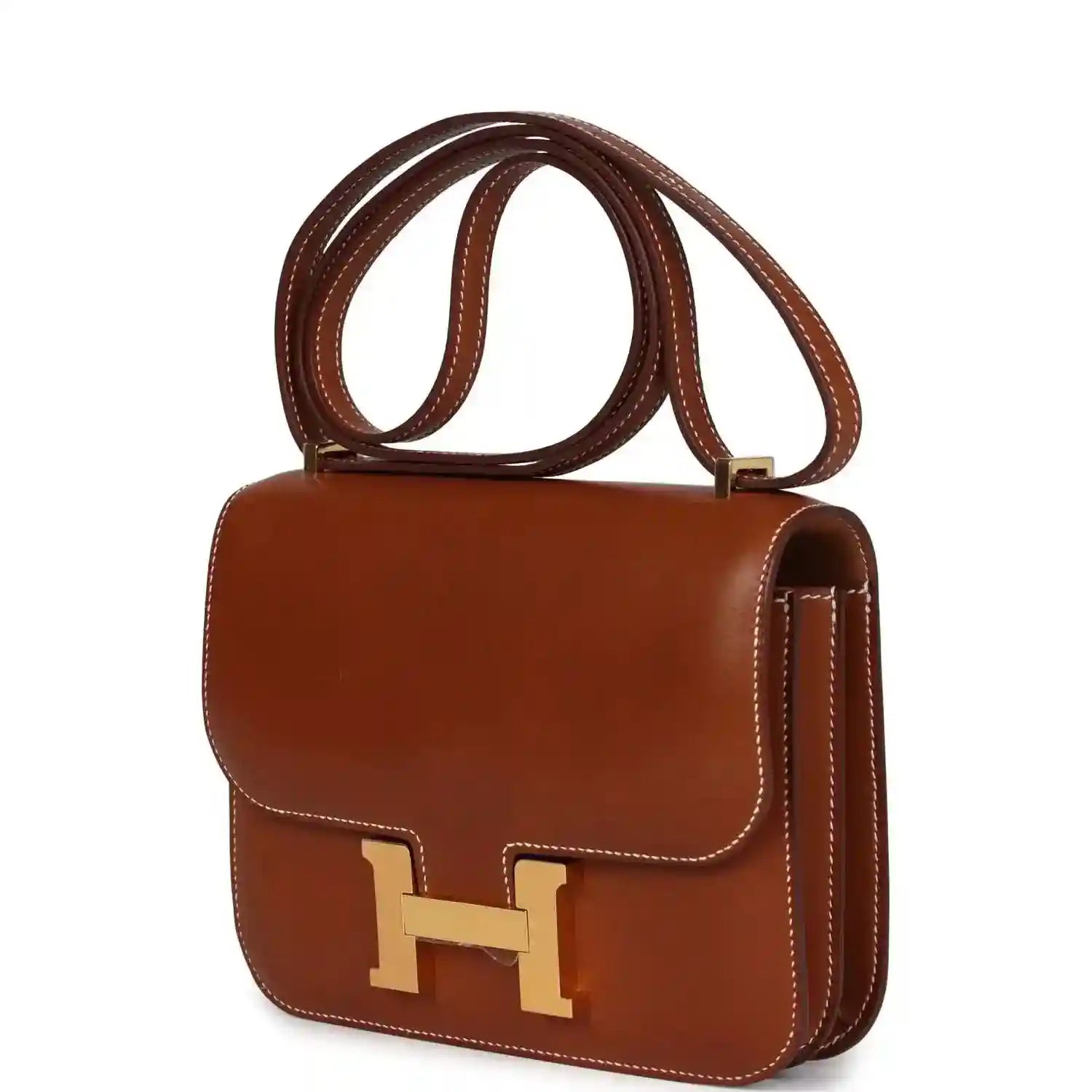 Brown leather Constance-style handbag with shoulder strap and gold H clasp